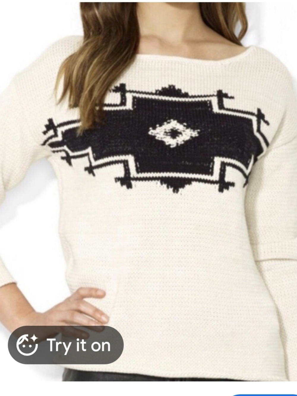 Ralph Lauren Cream Sweater with Black Geometric Yoke/Size Med